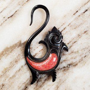 Horn & Red Jasper - Tribal Swan Deign Earring - 8 Gauge - SINGLE